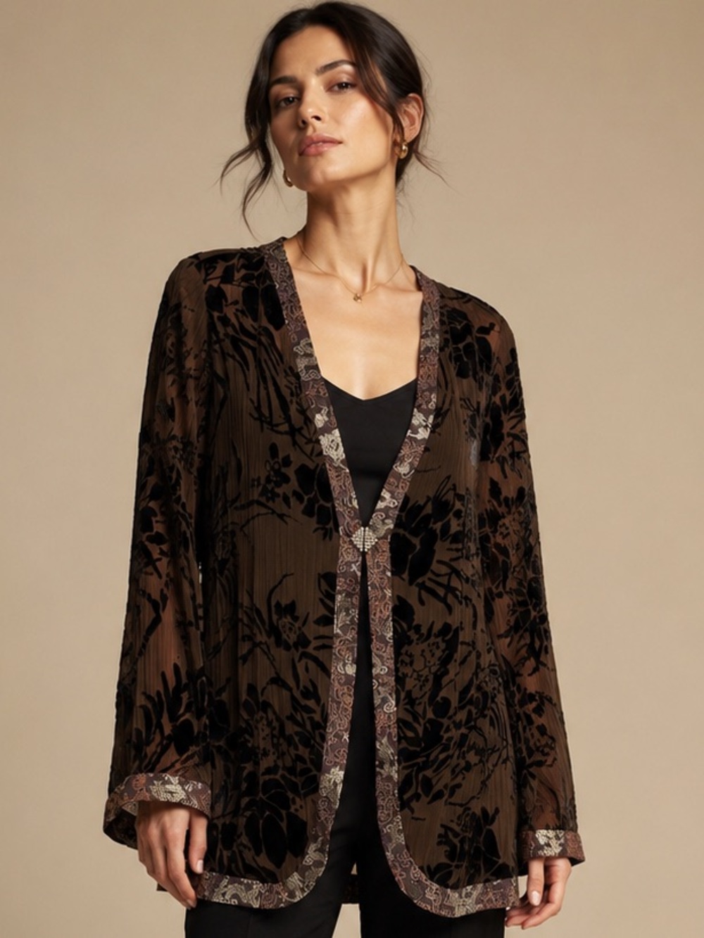 Velvet Floral Burnout Kimono Jacket Jeweled Closure BrocadeTrim Soft Surrounding